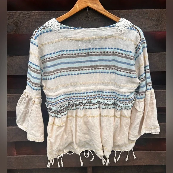 VTG Boho Cream Embroidered Stripes peasant Tassel Tie fringe blouse festival - Picture 4 of 6